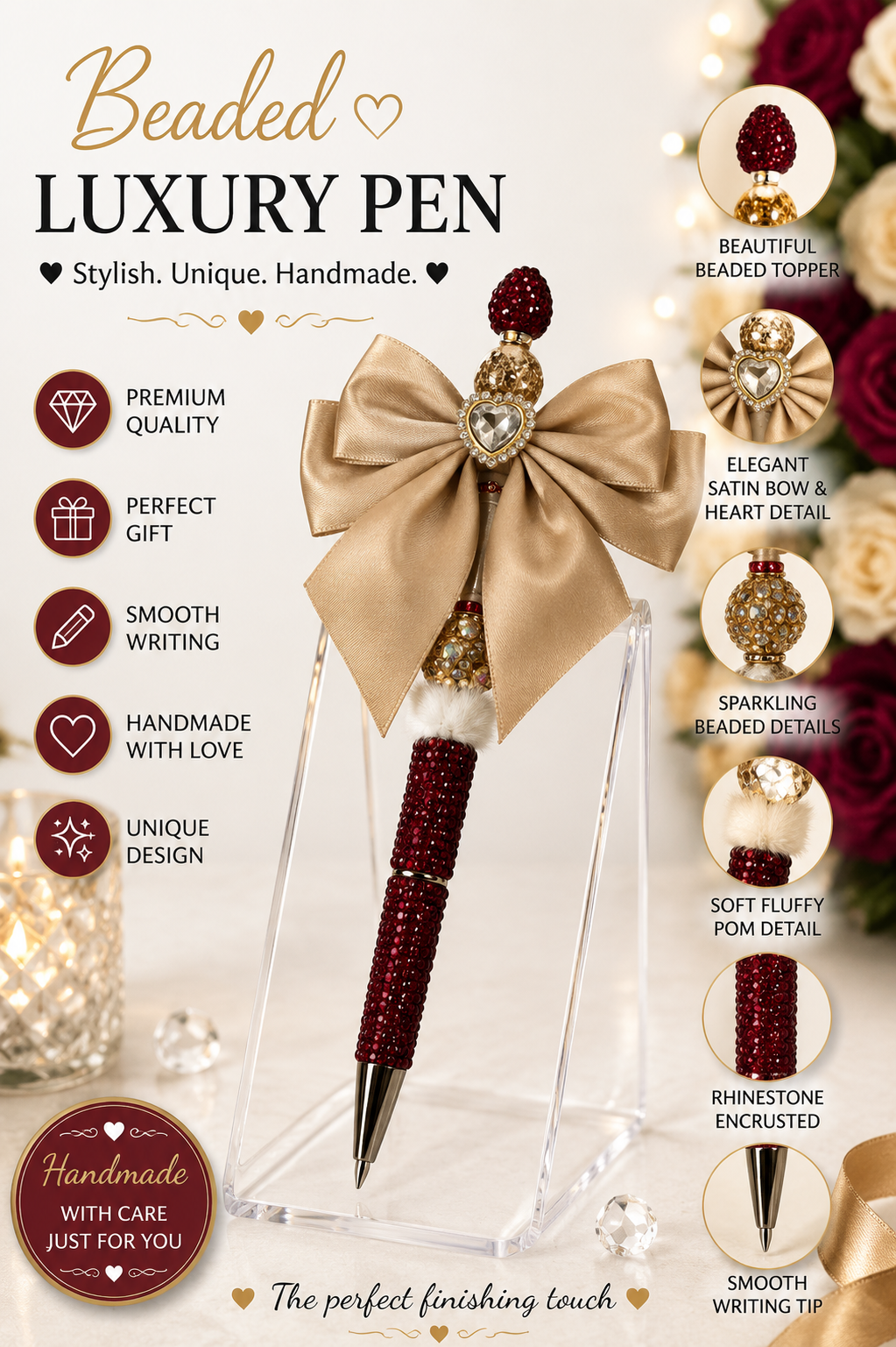 Luxury Red and Gold bow pen