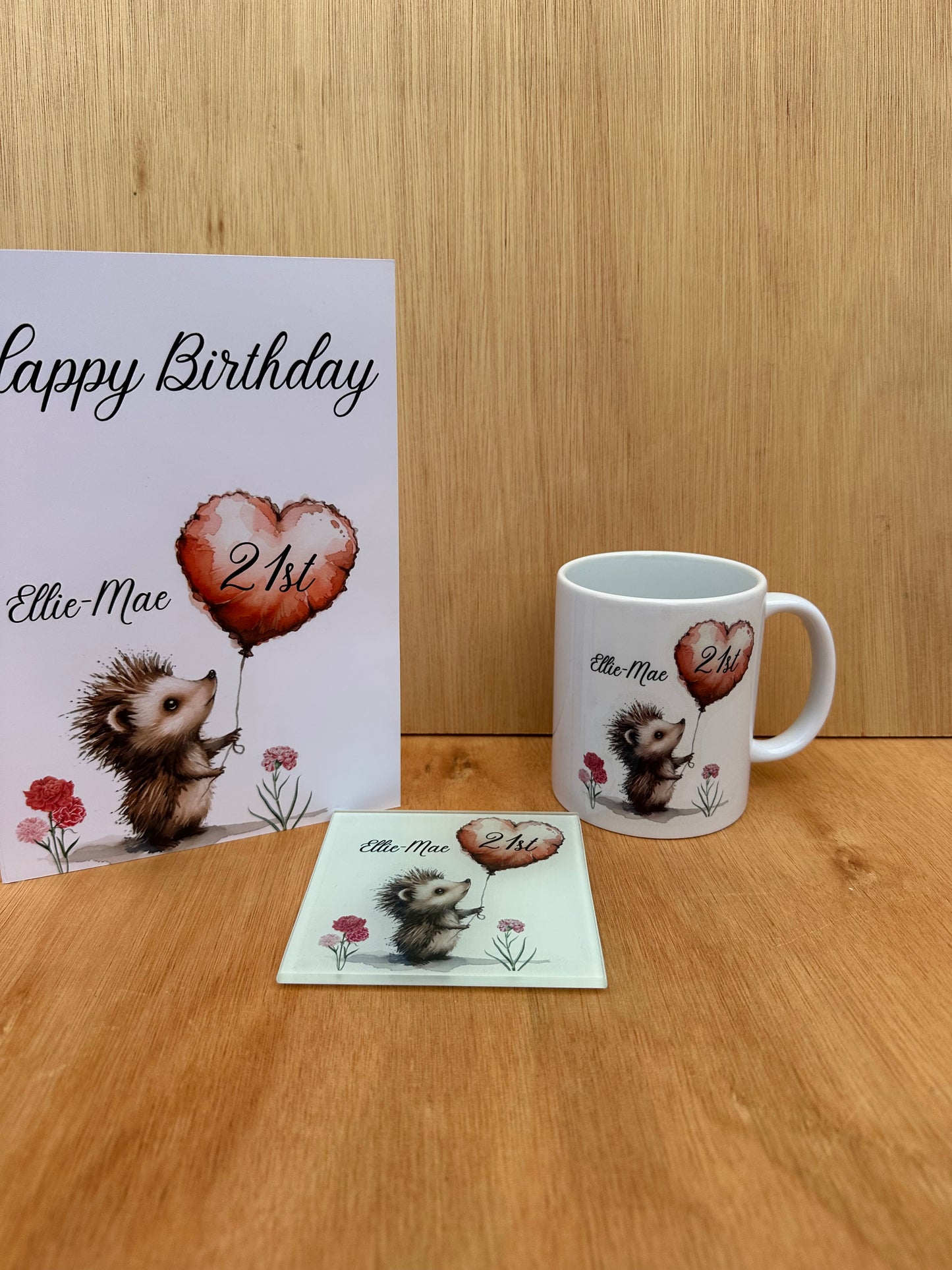 Personalised birthday set mug card and glass coaster all matching