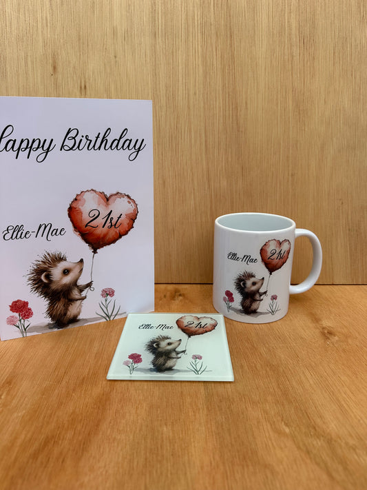 Personalised birthday set mug card and glass coaster all matching
