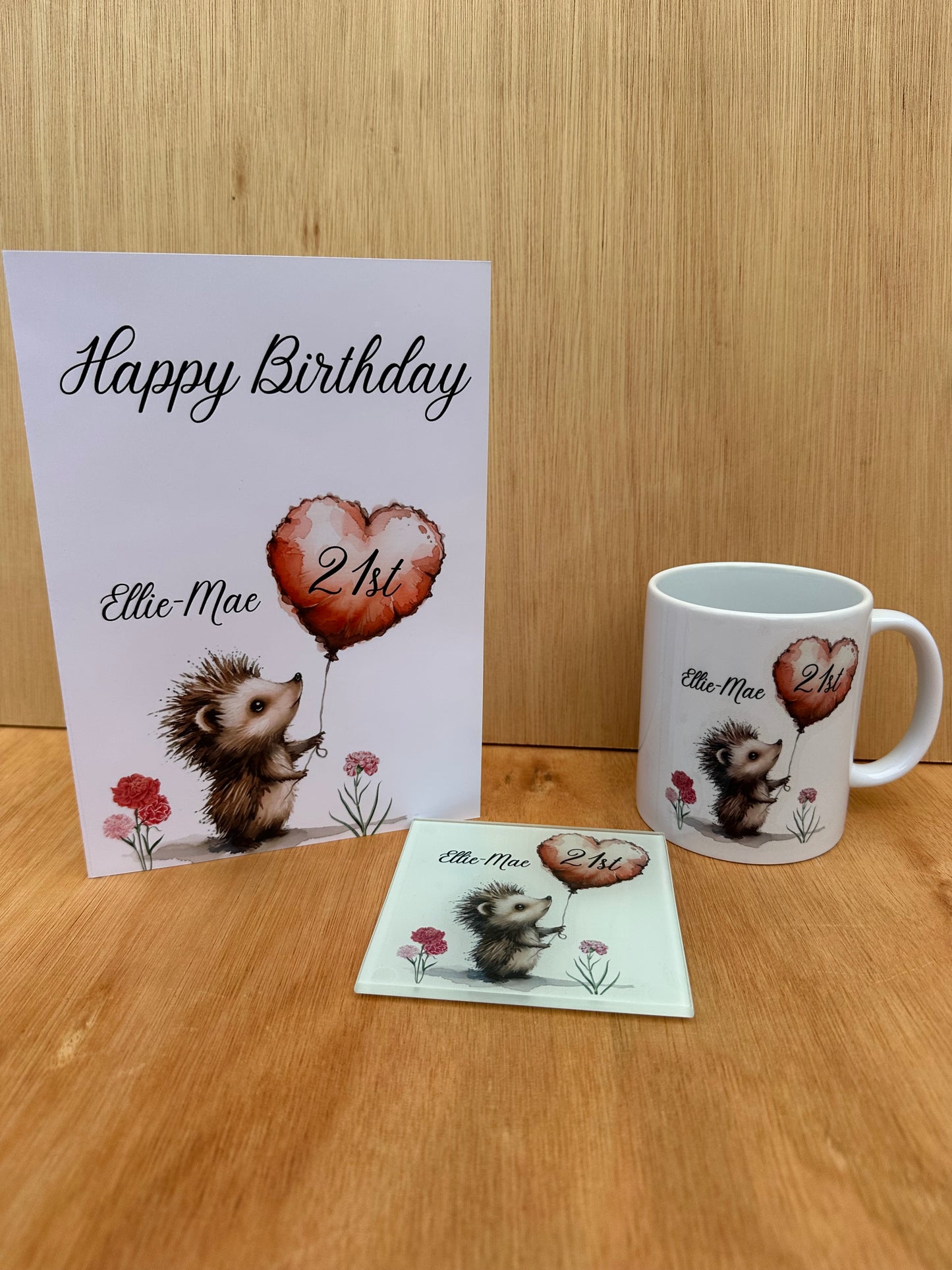 Personalised birthday set mug card and glass coaster all matching