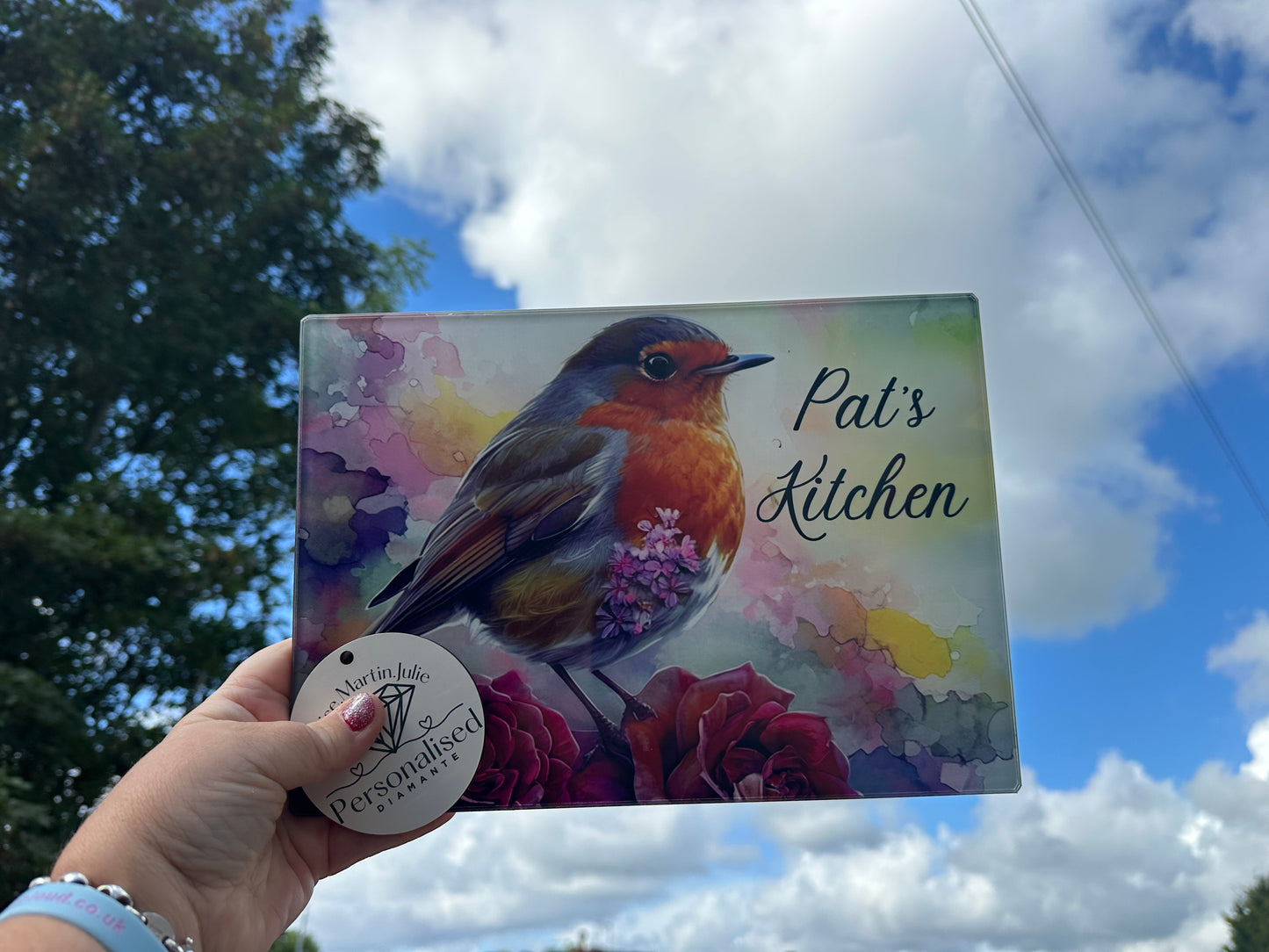 Red Robin, glass chopping board A4 size ￼