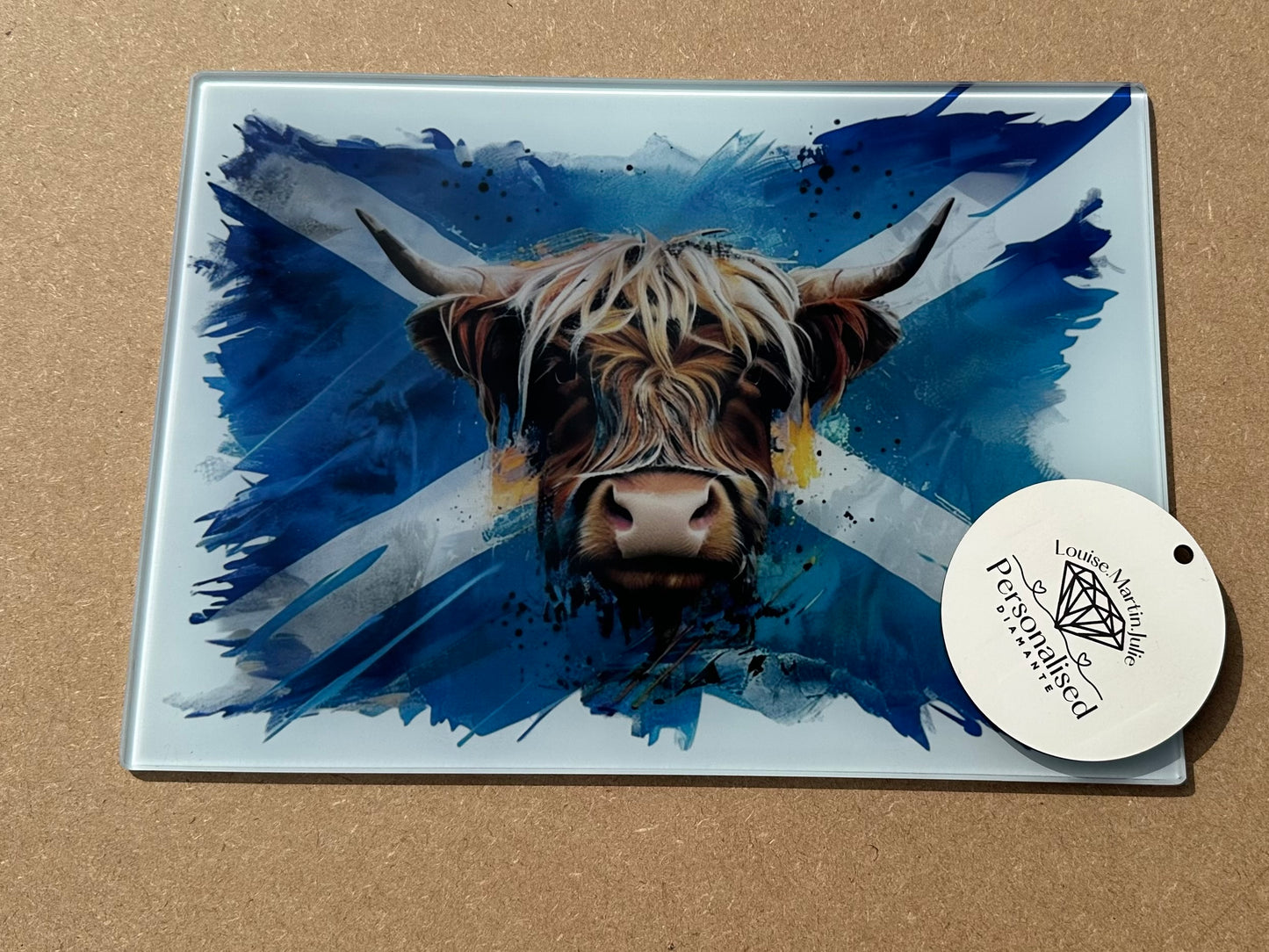 Scottish Highland cow A4 glass chopping board
