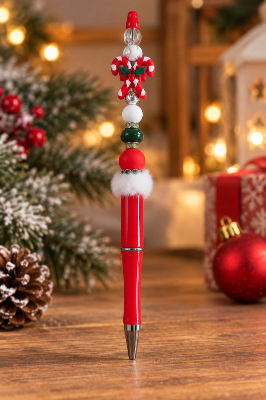 Candy cane christmas bow bead pen