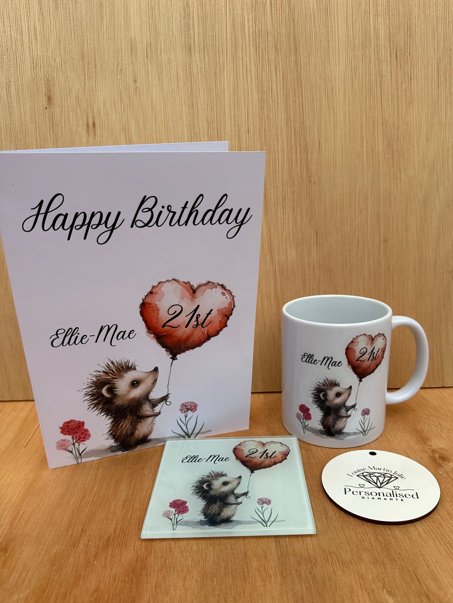 Personalised birthday set mug card and glass coaster all matching