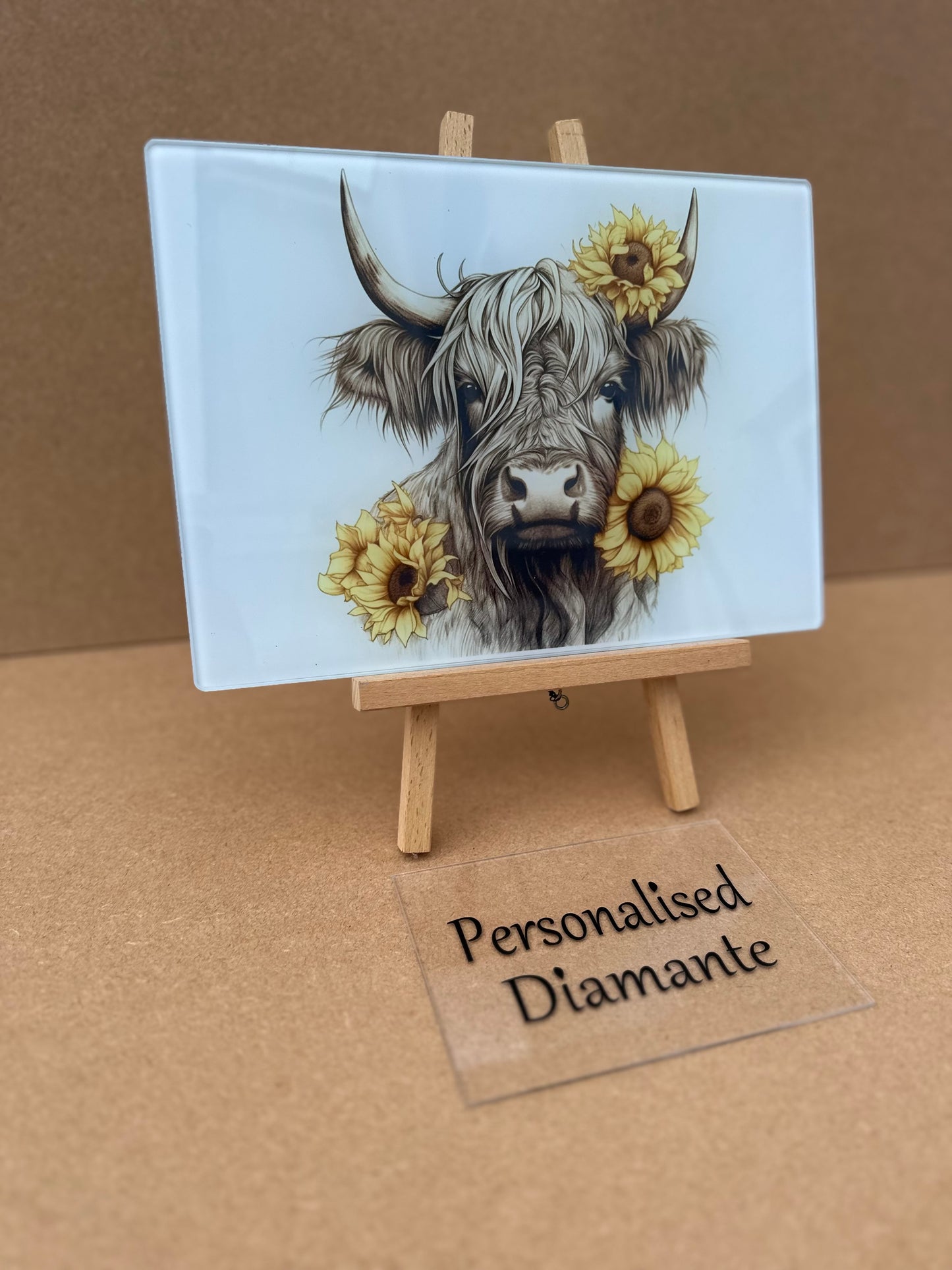 Highland cow yellow sunflower A4 glass chopping board