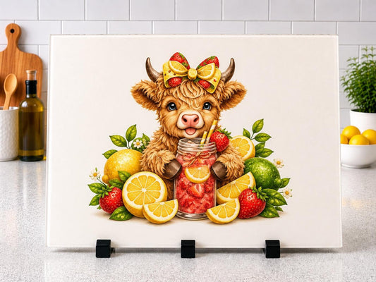 Strawberry , lemon and lime highland cow chopping board A4 or A3 Glass
