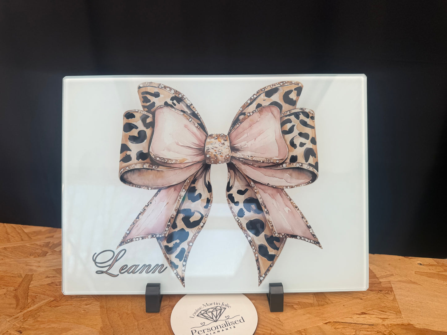 Personalised leopard print bow glass board ￼
