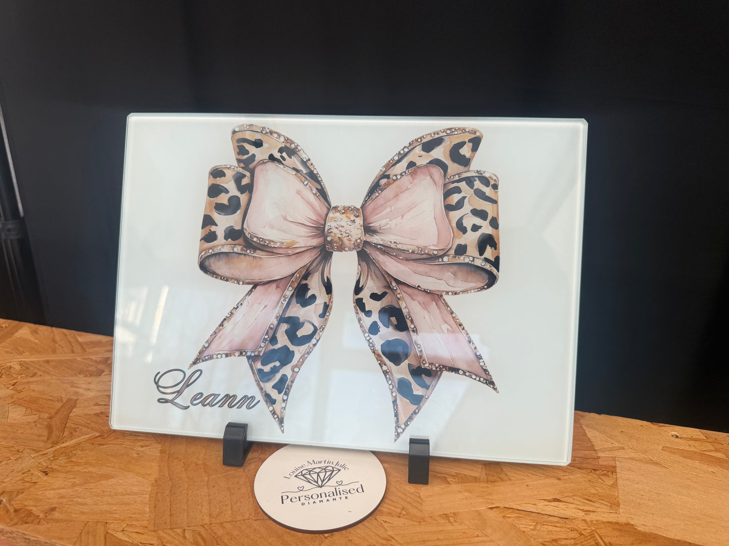 Personalised leopard print bow glass board ￼