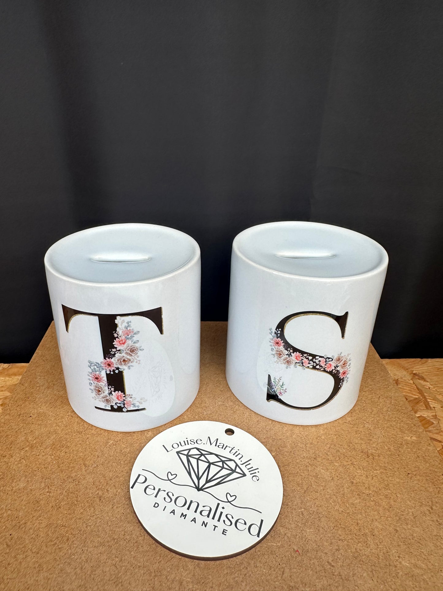 Personalised initial Money box with floral design