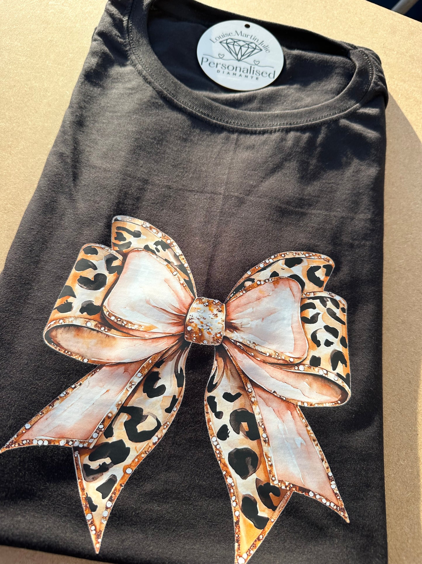 Leopard print pink bow t-shirt black or white Small - 5XL