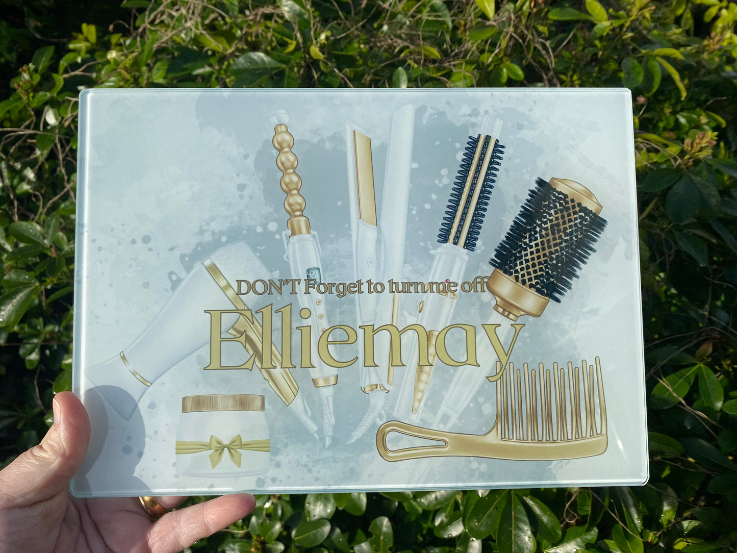 White and gold Glass Heat Protector Board for Hair Straighteners and Make Up in Bedroom