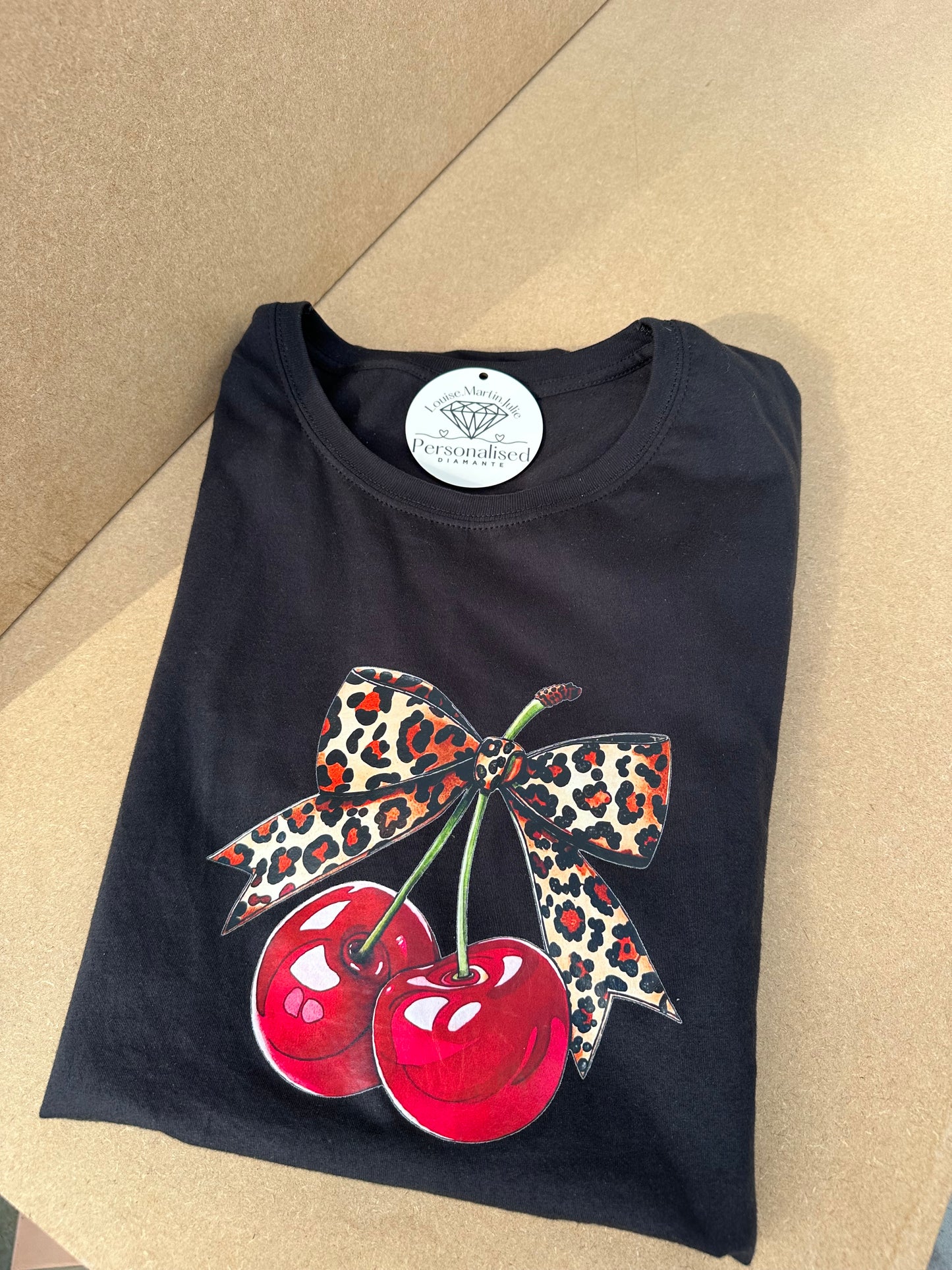 Leopard print Bow and red cherry t-shirt black  Small - 5XL