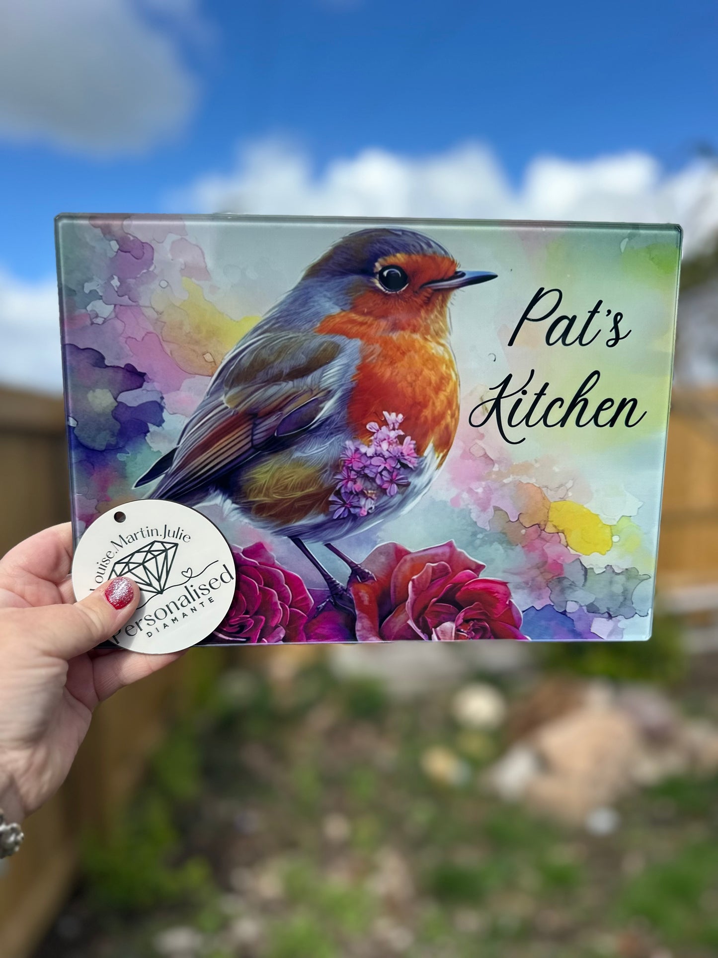 Red Robin, glass chopping board A4 size ￼