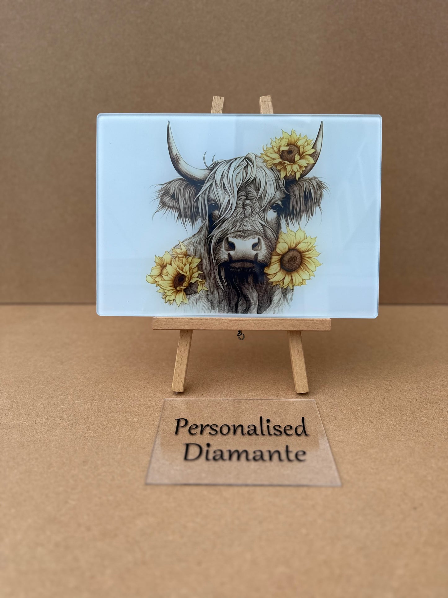 Highland cow yellow sunflower A4 glass chopping board