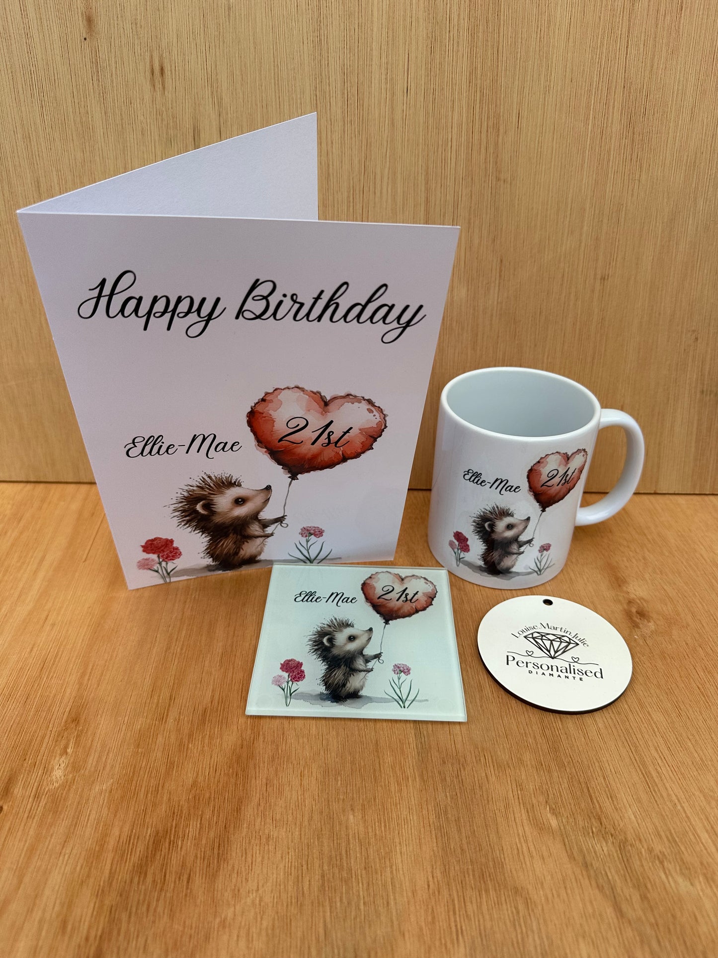 Personalised birthday set mug card and glass coaster all matching