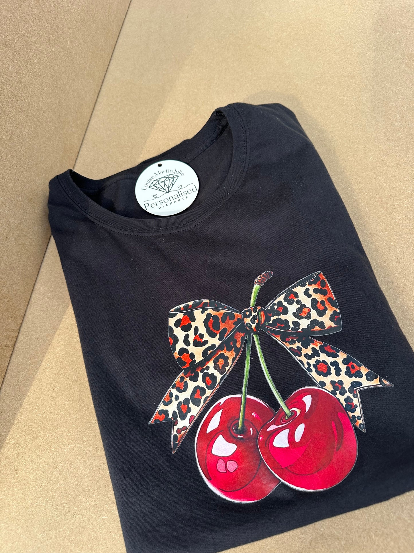 Leopard print Bow and red cherry t-shirt black  Small - 5XL
