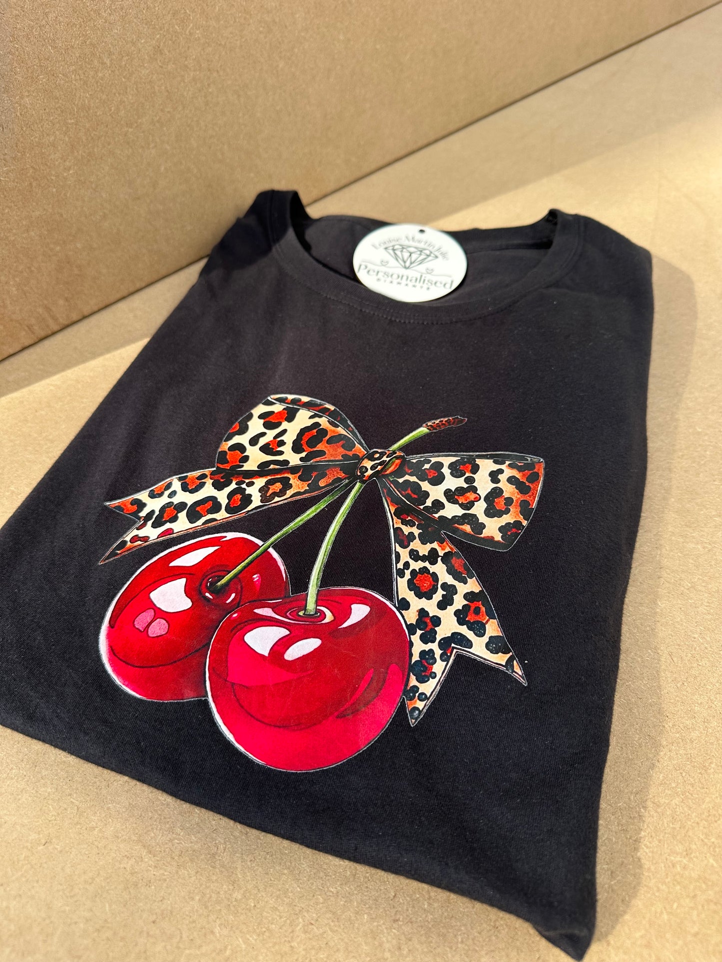 Leopard print Bow and red cherry t-shirt black  Small - 5XL