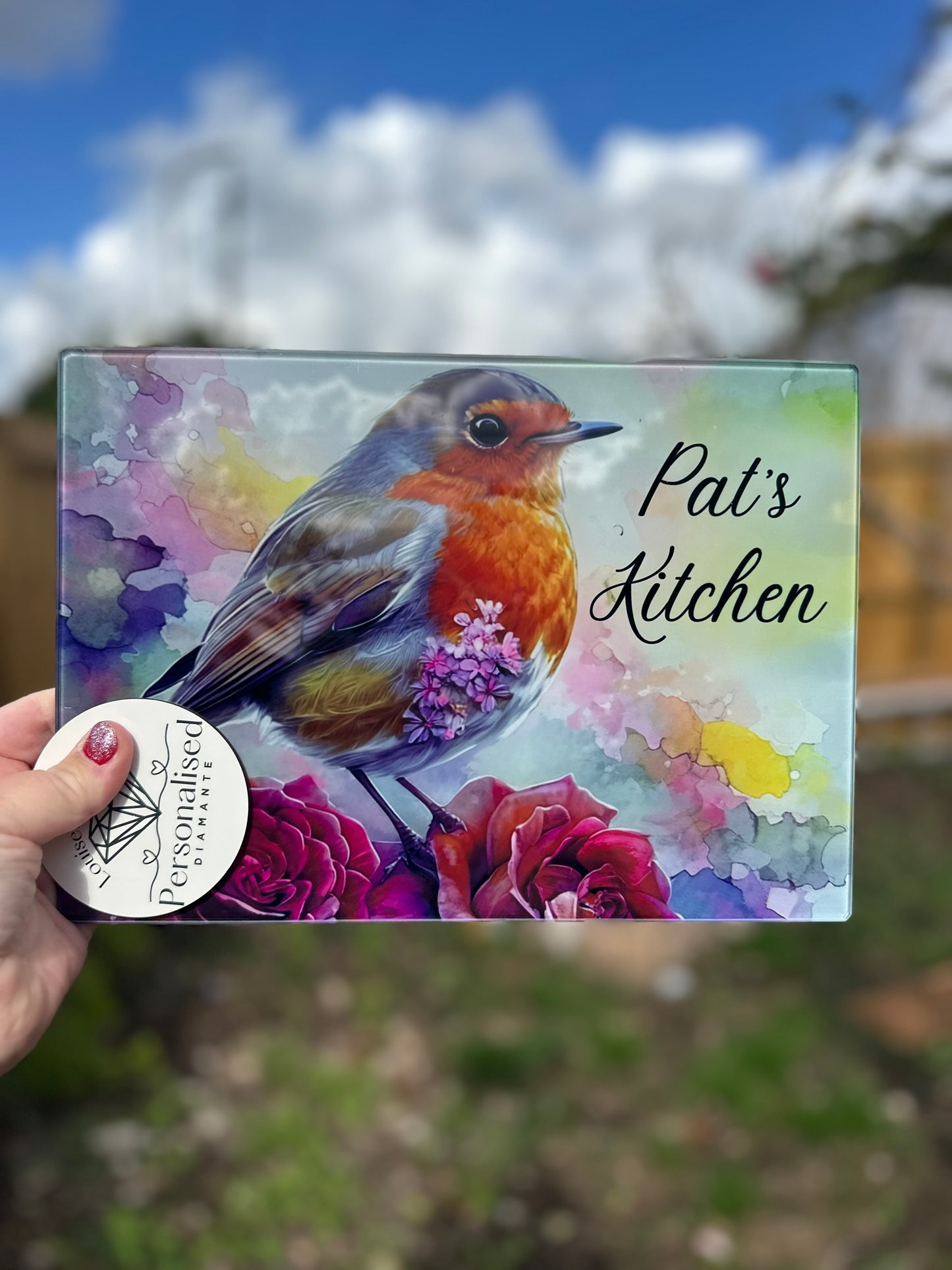 Red Robin, glass chopping board A4 size ￼