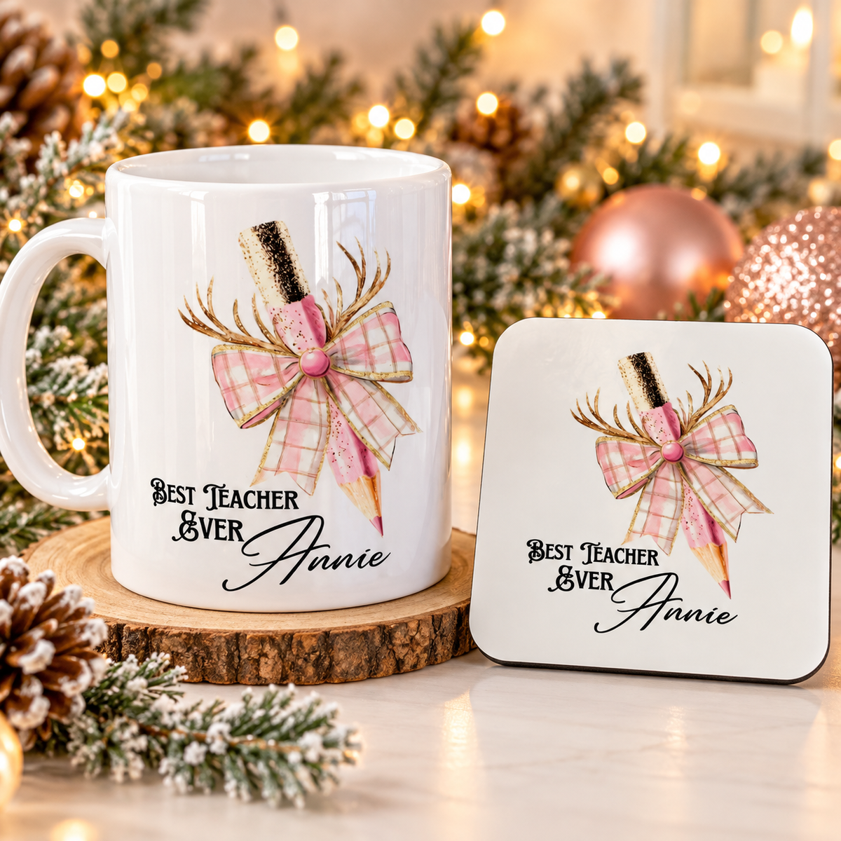 Christmas Personalised teachers mug and coaster set