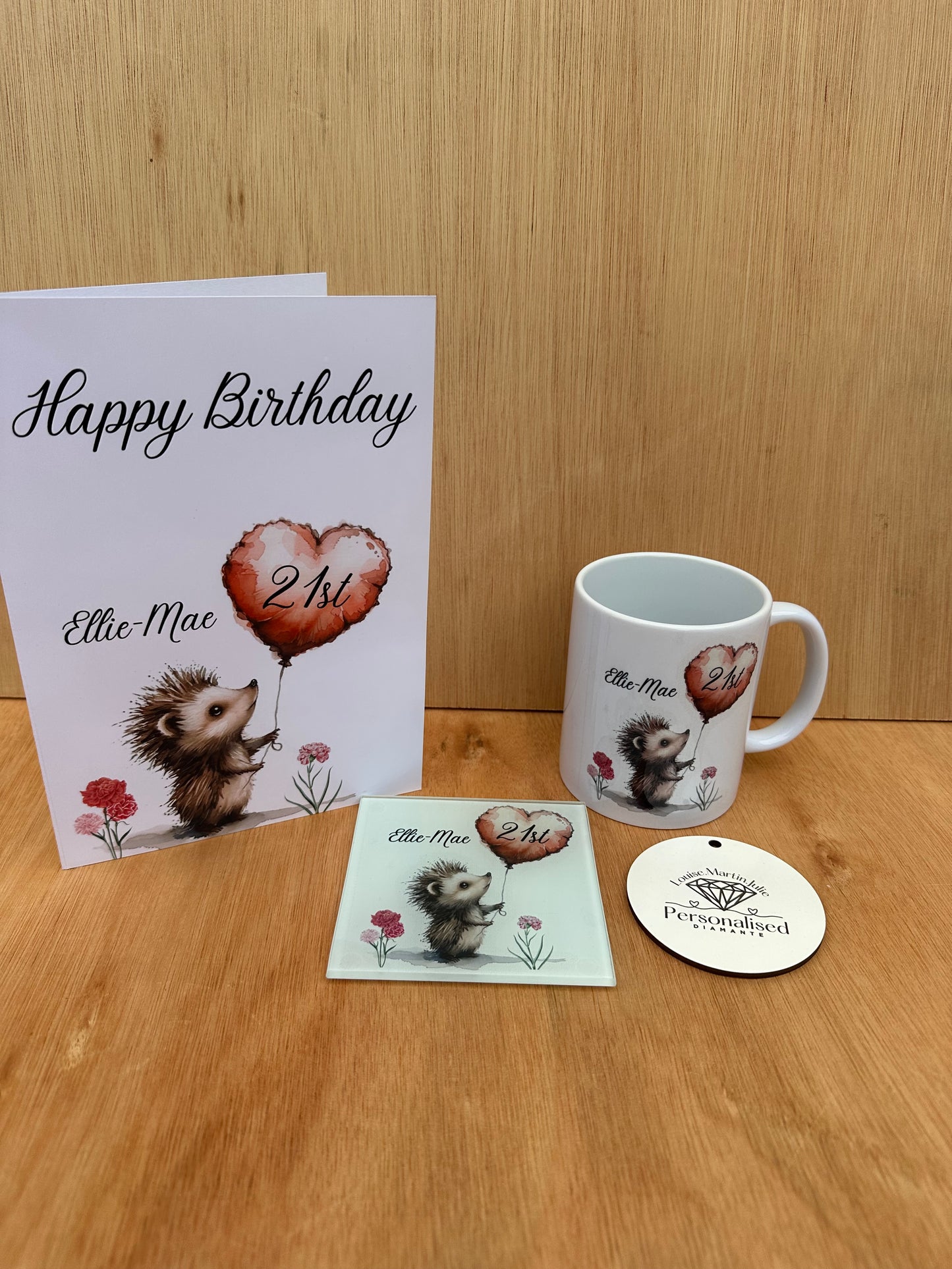Personalised birthday set mug card and glass coaster all matching