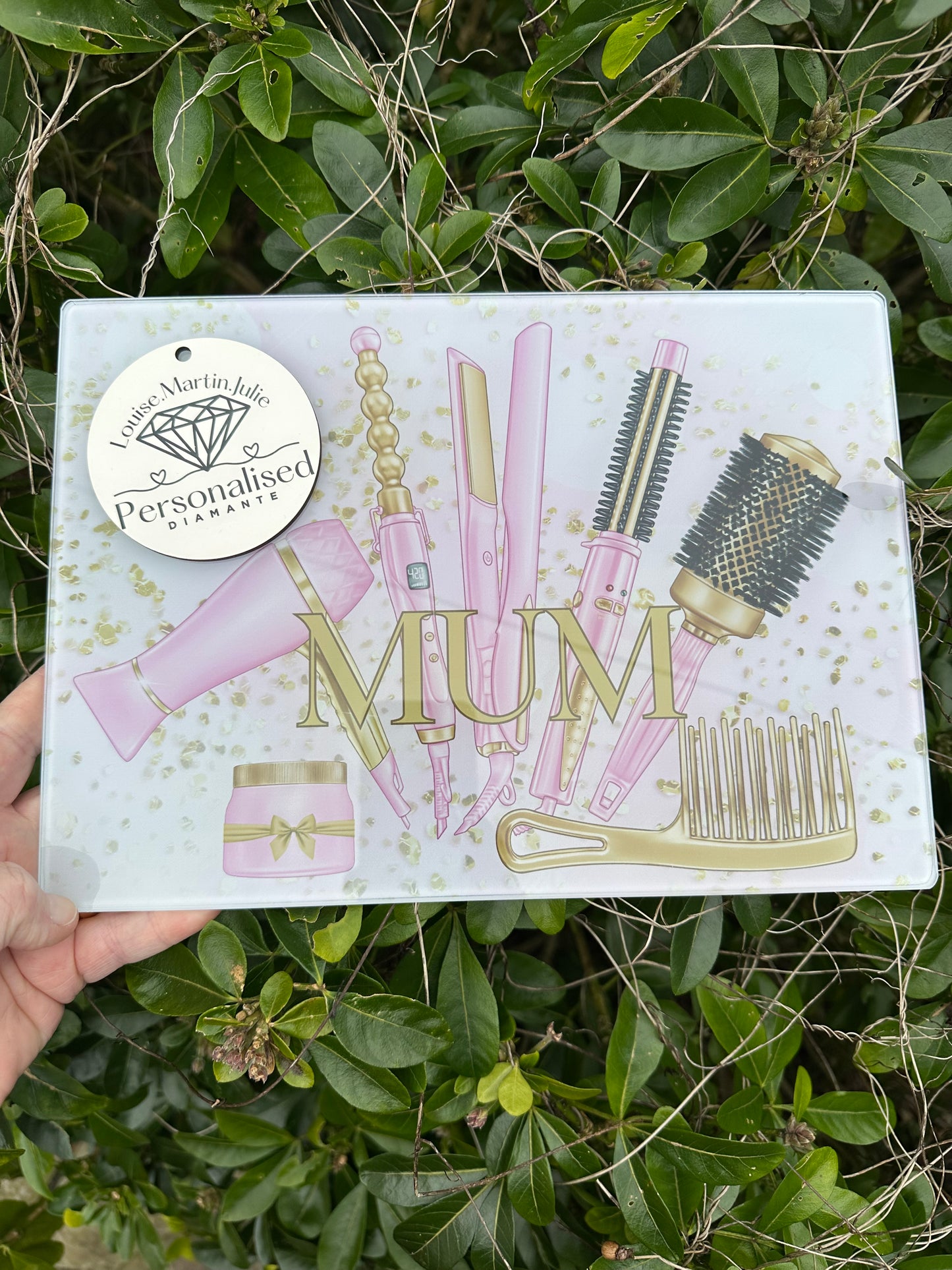 Pink and gold Glass Heat Protector Board for Hair Straighteners and Make Up in Bedroom