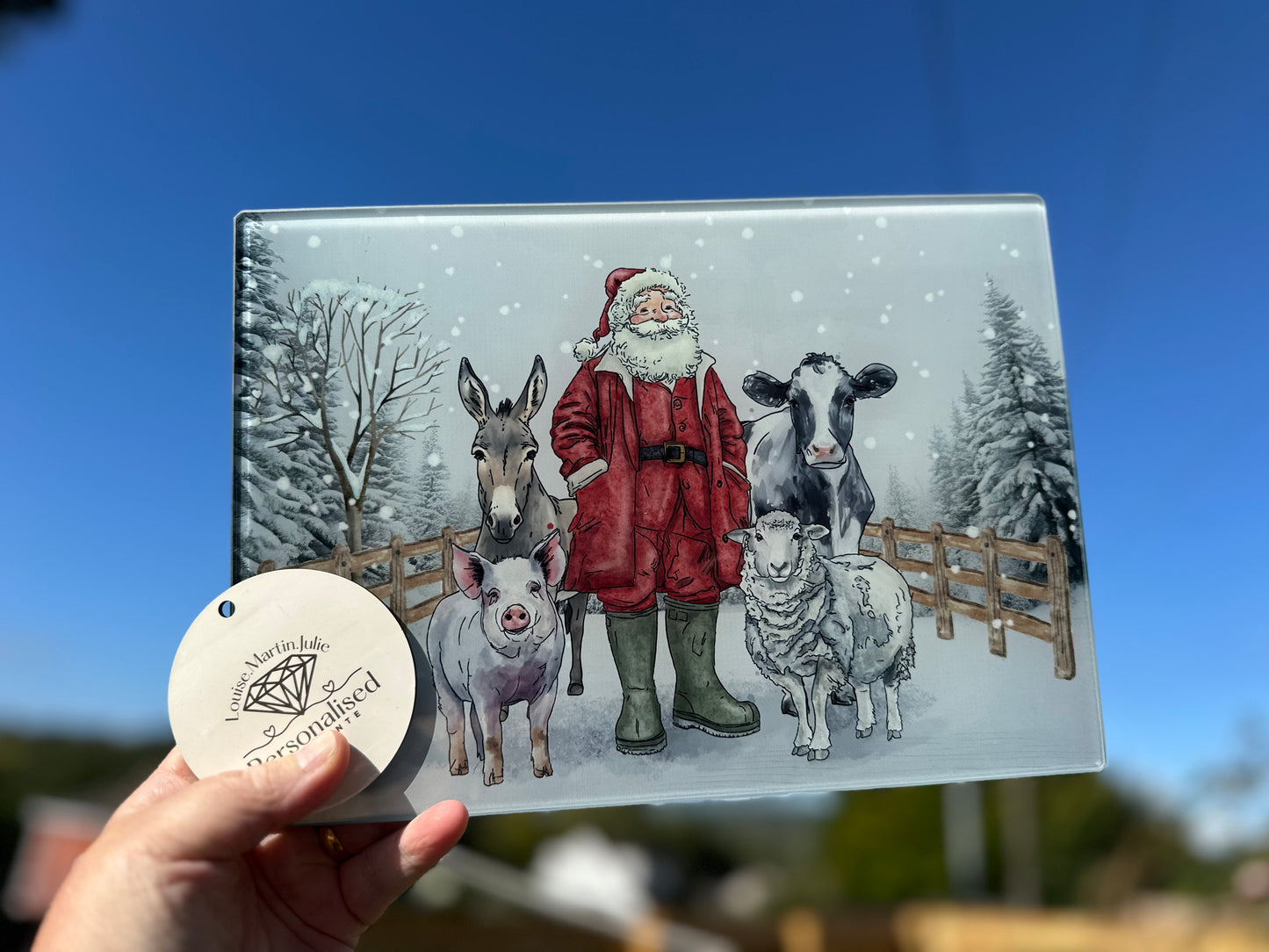 Farmer and animals Christmas A4 glass chopping board