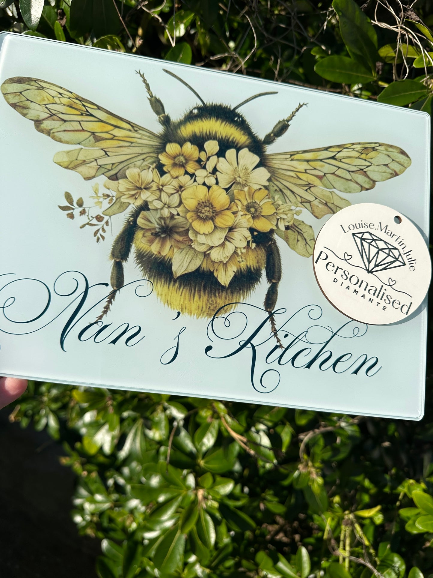 Personalised bumblebee A4 glass chopping board