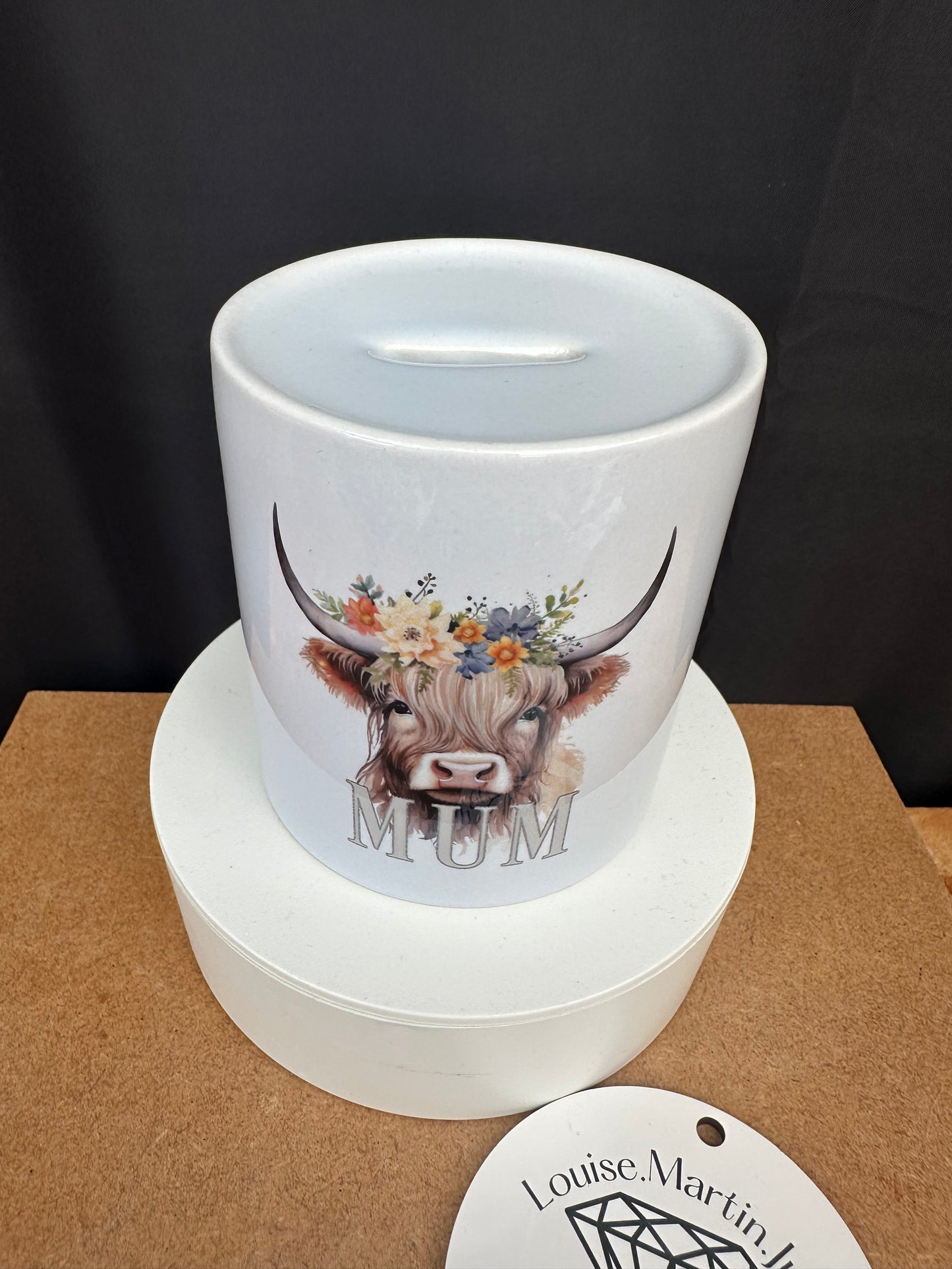 Highland cow money box can be personalised
