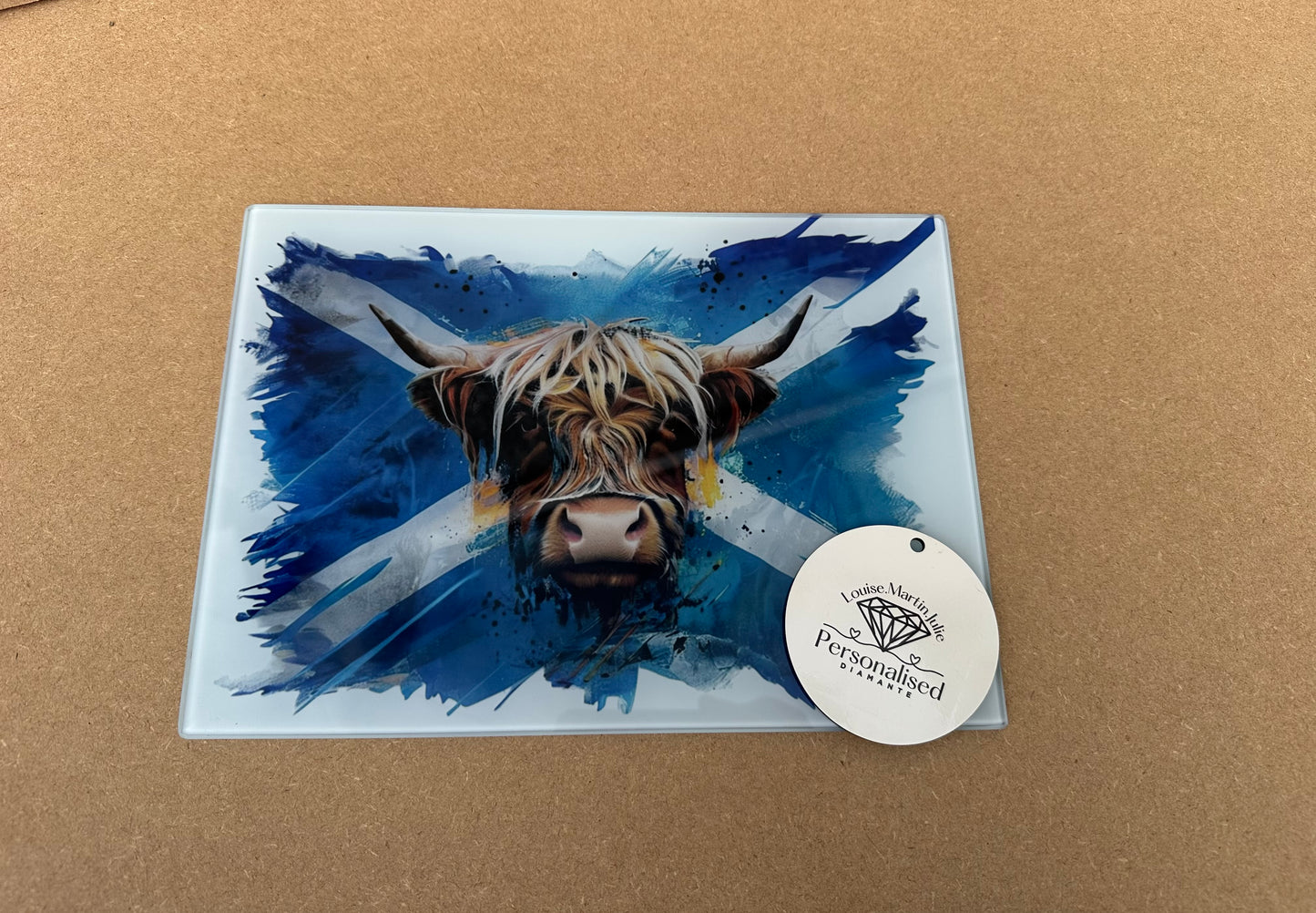 Scottish Highland cow A4 glass chopping board