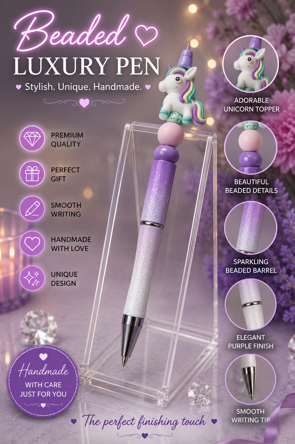 Lilac unicorn ball Bead pen