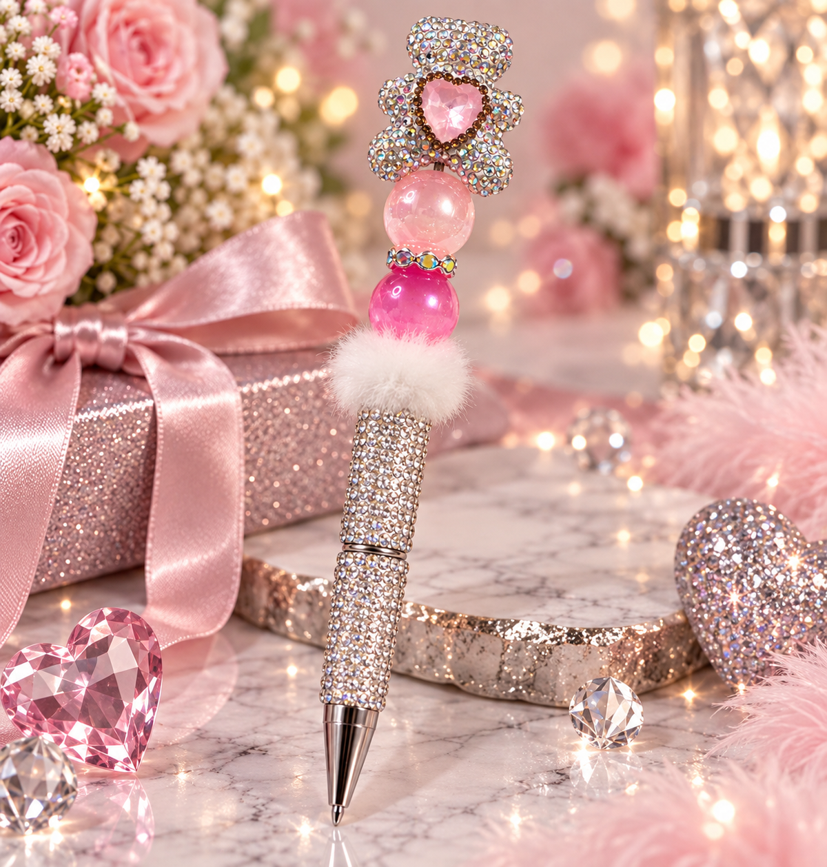 Teddy bear Luxury sparkling  pink and silver pen