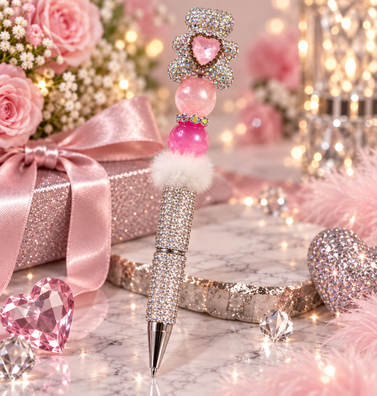 Teddy bear Luxury sparkling  pink and silver pen