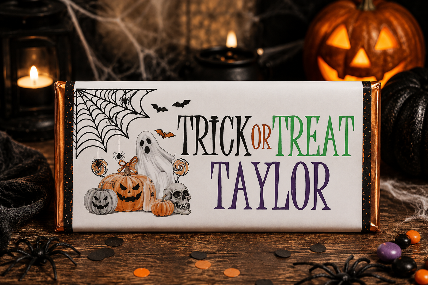 Halloween chocolate bar wrapper personalised with a name