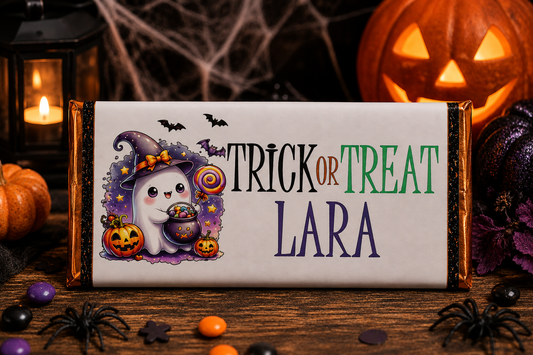 Halloween chocolate bar wrapper personalised with a name