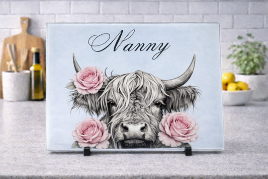 Personalised Highland cow pink roses glass chopping board A4 or A3 size