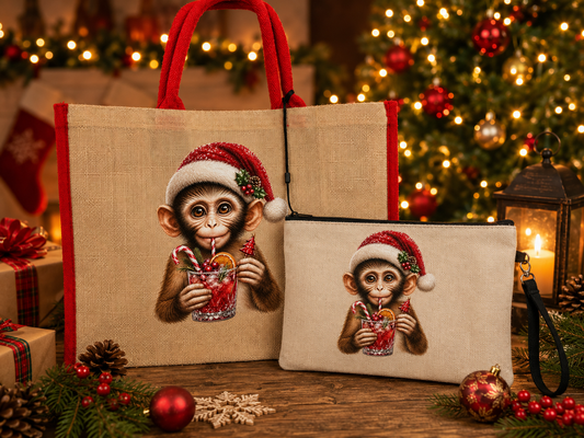 Christmas cocktail monkey Red Piping Christmas shopper gift bag