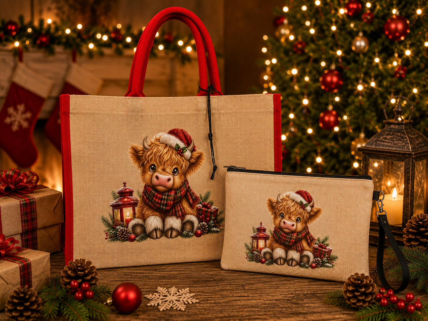 Christmas Highland cow  Red Piping Christmas shopper gift bag