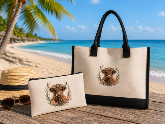Canvas black and cream shopper holiday bag Boho highland cow  design