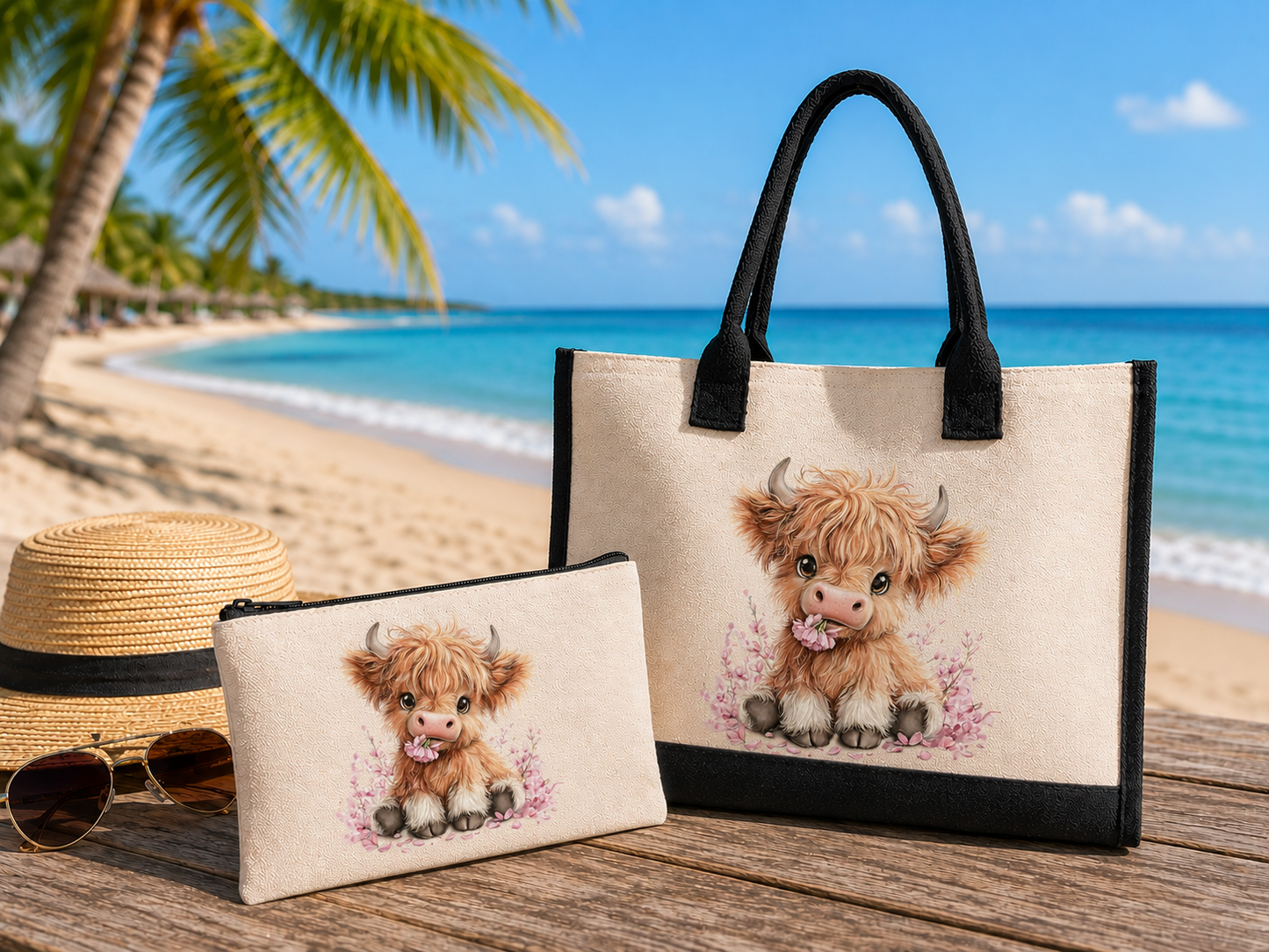 Canvas black and cream shopper holiday bag highland cow  design