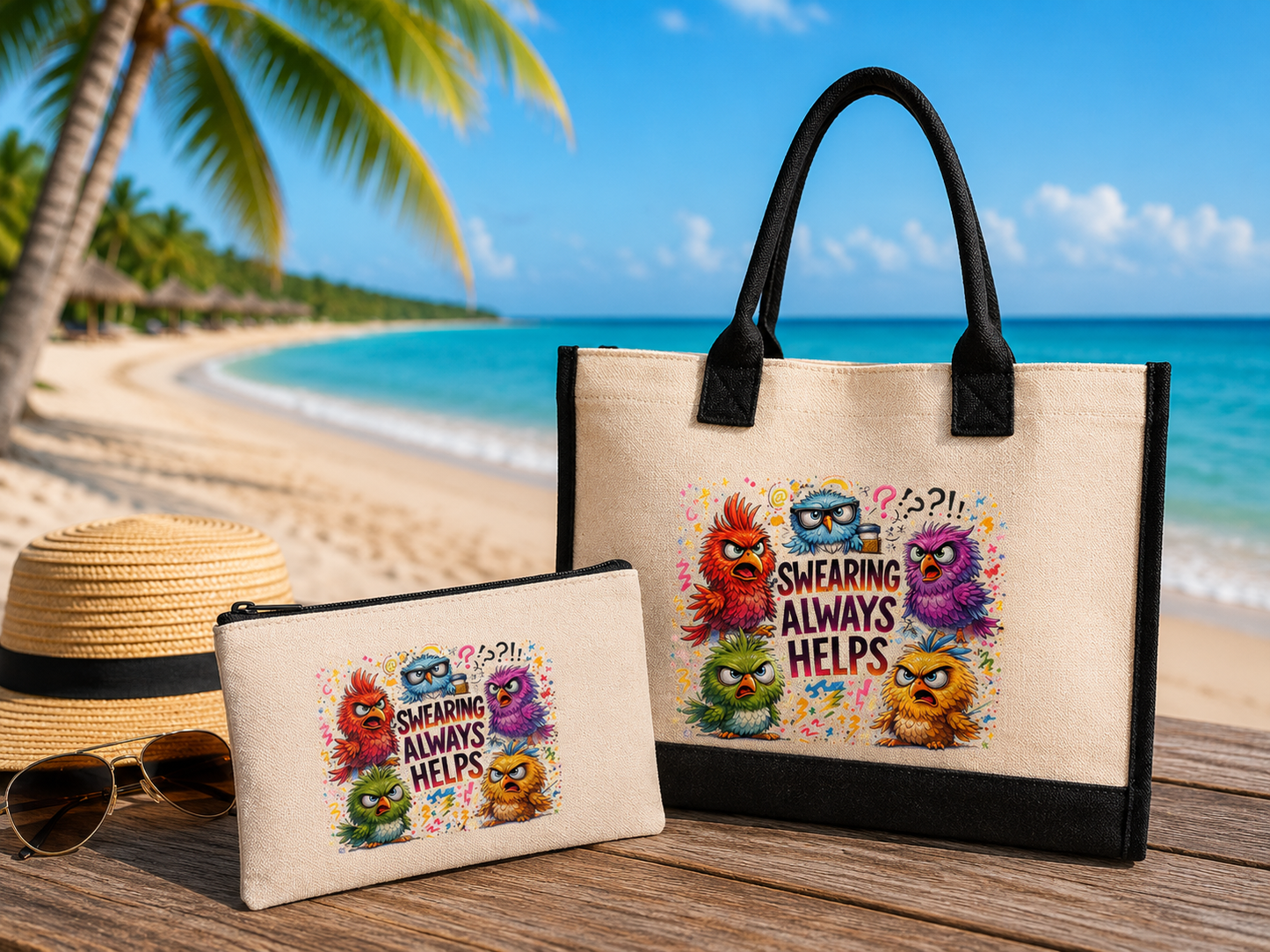 Canvas black and cream shopper holiday bag swearing always helps design