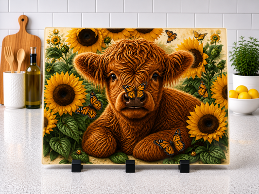 Butterfly highland cow Highland cow floral A4 or A3 glass chopping board
