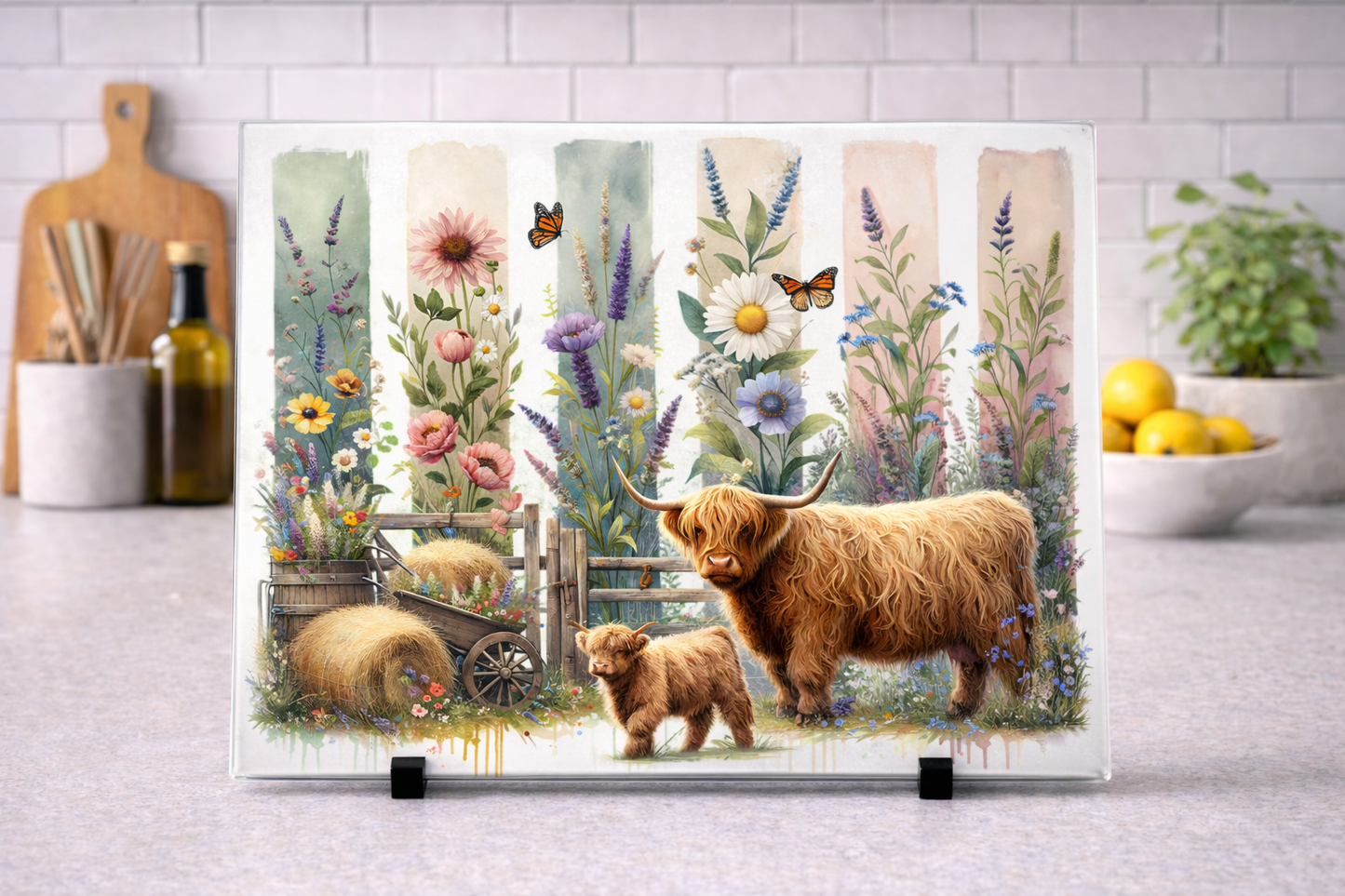 Highland cow floral A4 or A3 glass chopping board