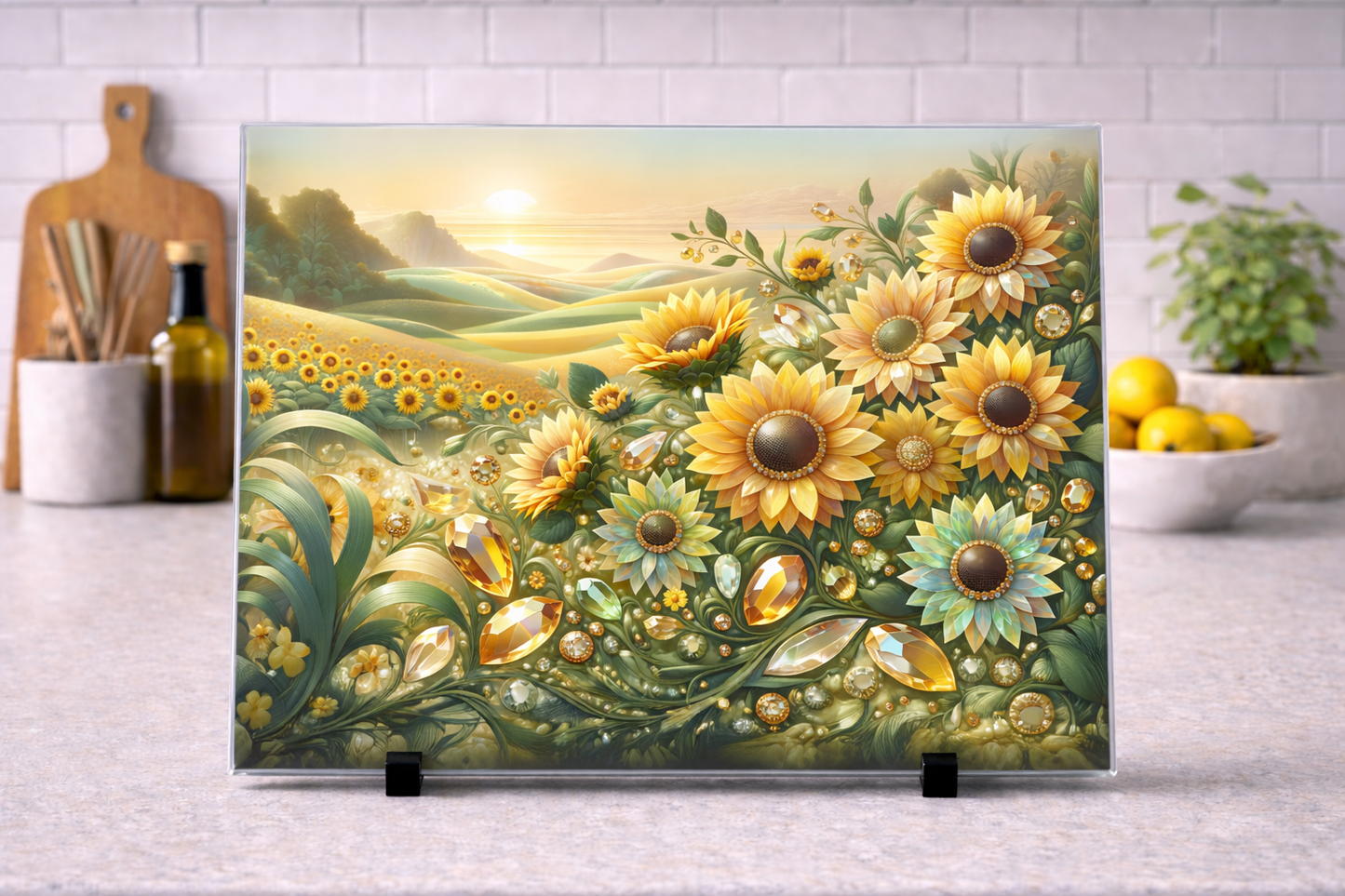 Floral yellow sun flowers A4 glass chopping board