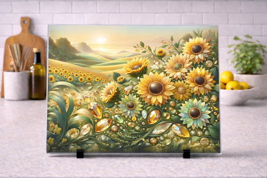 Floral yellow sun flowers A4 glass chopping board