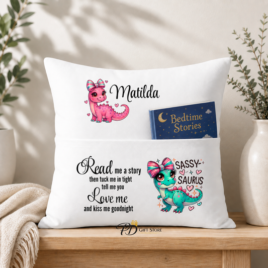 Dinosaurs book pocket pillow cushion personalised