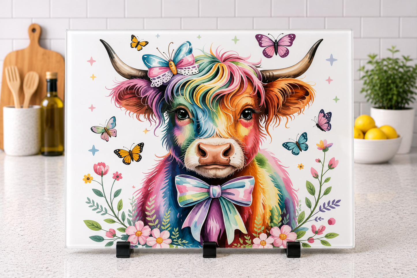 Vibrant rainbow colours Highland cow floral A4 or A3 glass chopping board