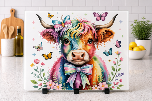 Vibrant rainbow colours Highland cow floral A4 or A3 glass chopping board