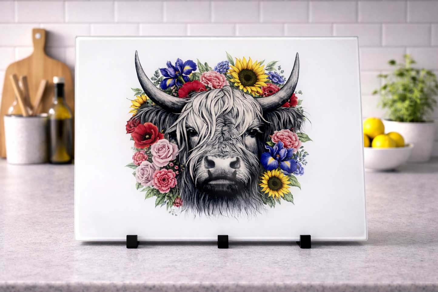 Floral highland cow chopping board A4 Glass