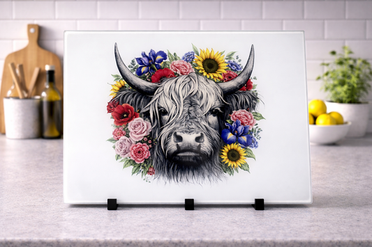 Floral highland cow chopping board A4 Glass