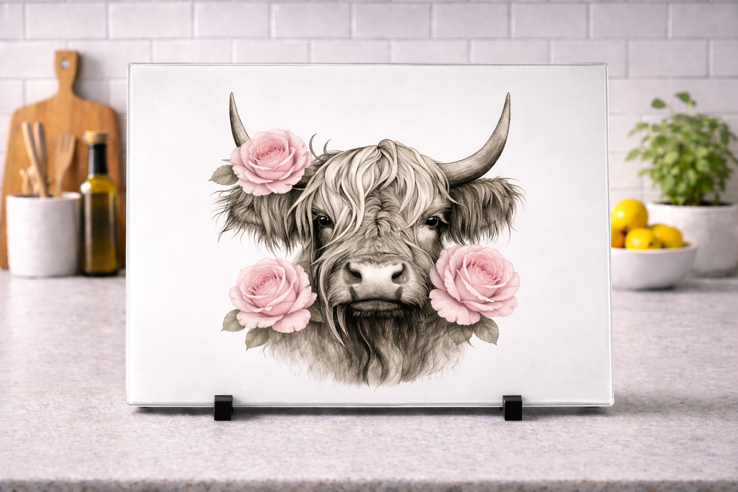 Highland cow pink roses glass chopping board A4 or A3 size